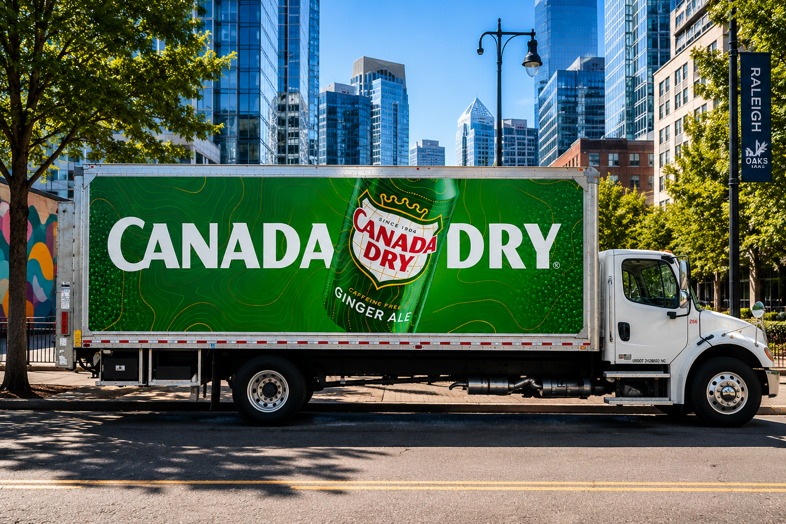 Long Beverage Canada Dry box truck wrap with green branded graphics