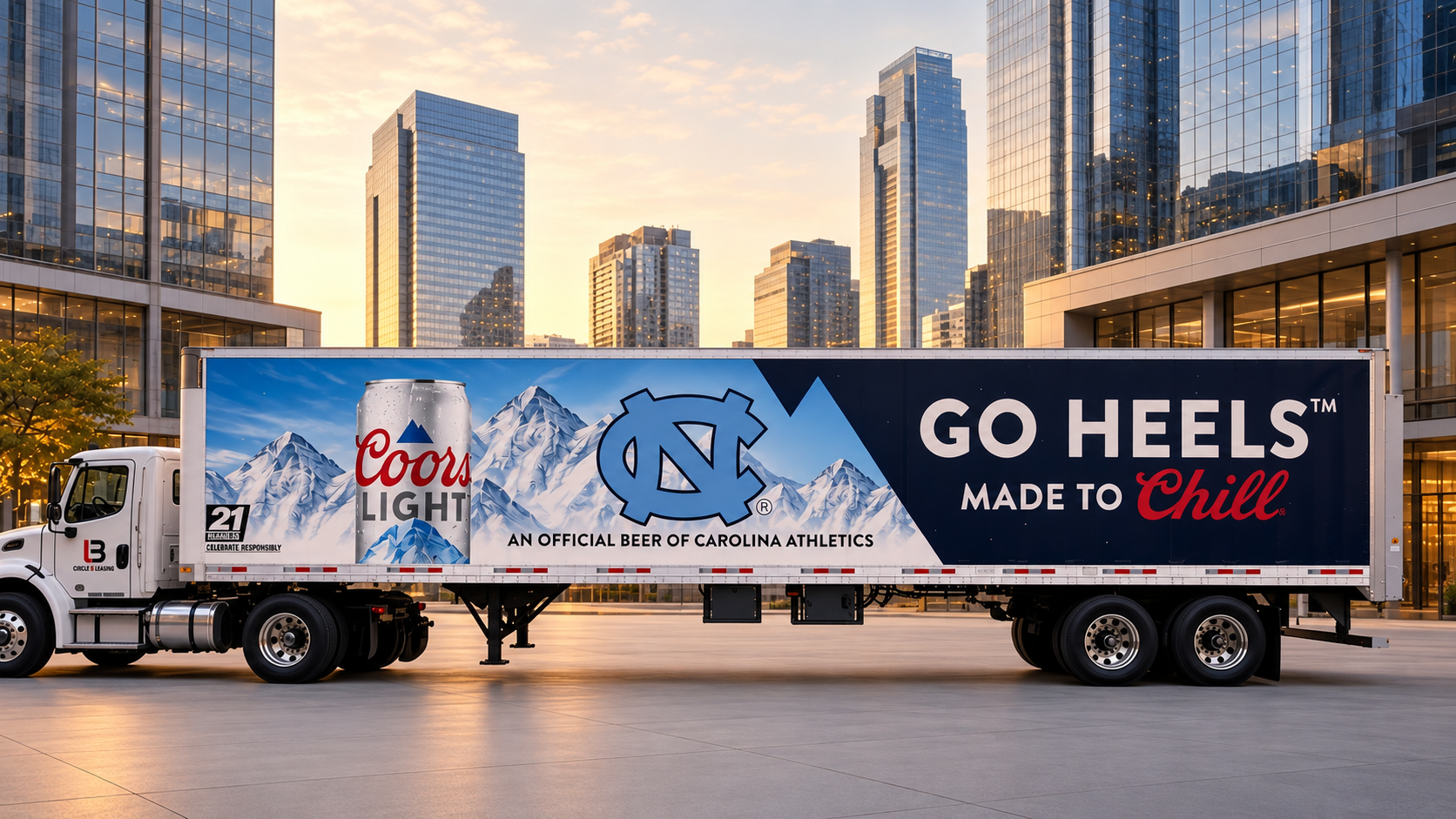Coors Light Go Heels tractor-trailer wrap against a city skyline
